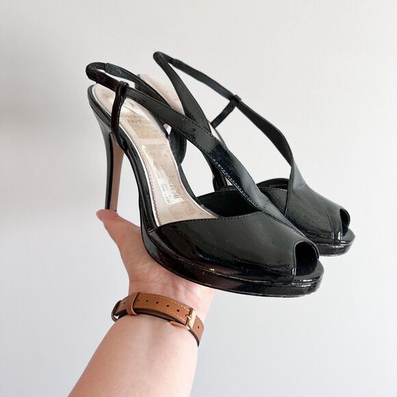 Adrianna Papell Black Patent‎ Leather Slingback Heels Peep Toe 8M - Picture 1 of 10